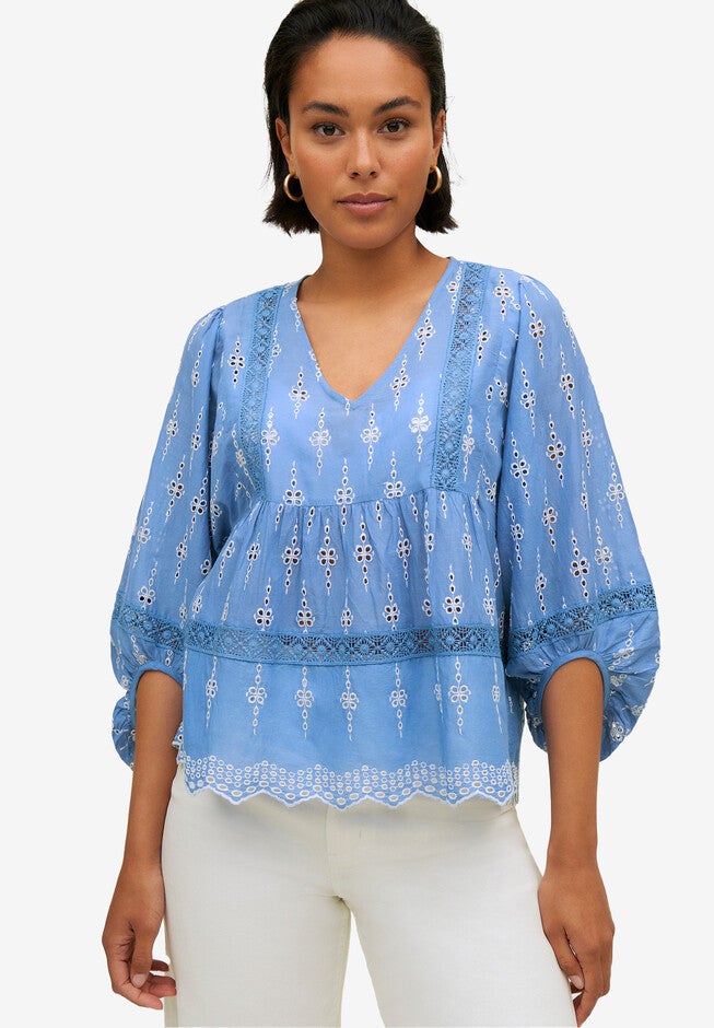 Eyelet Blouse With Scalloped Hem, BLUE SKY, hi-res image number null