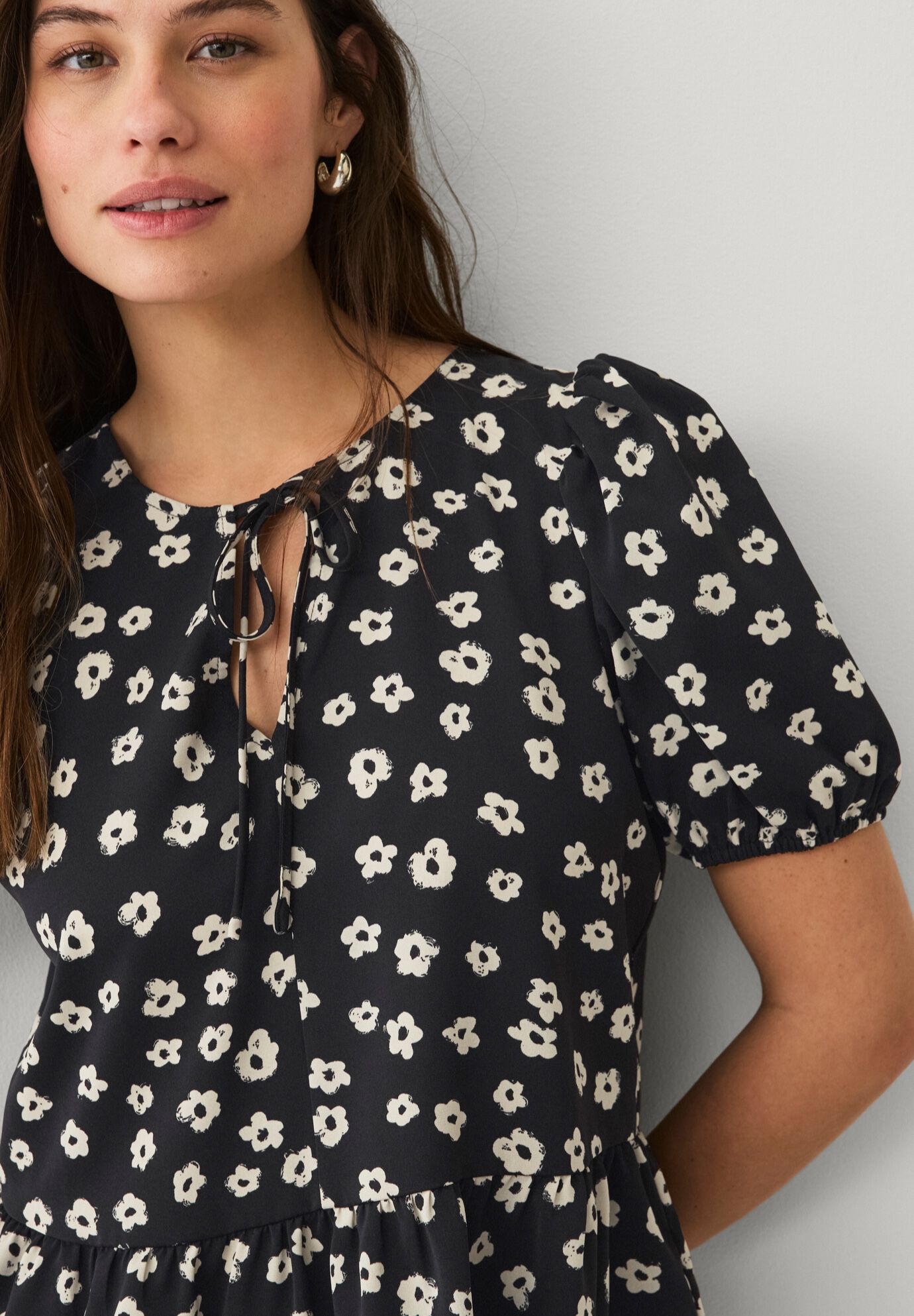 Puff Sleeve Peplum Hem Blouse, BLACK IVORY FLORAL, alternate image number 2