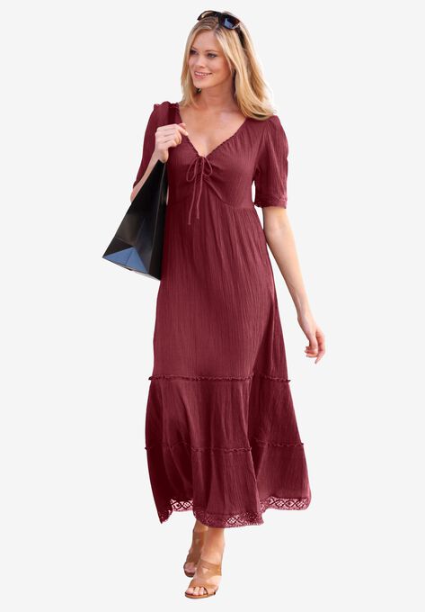 Gauze Maxi Dress, RICH BURGUNDY, hi-res image number null
