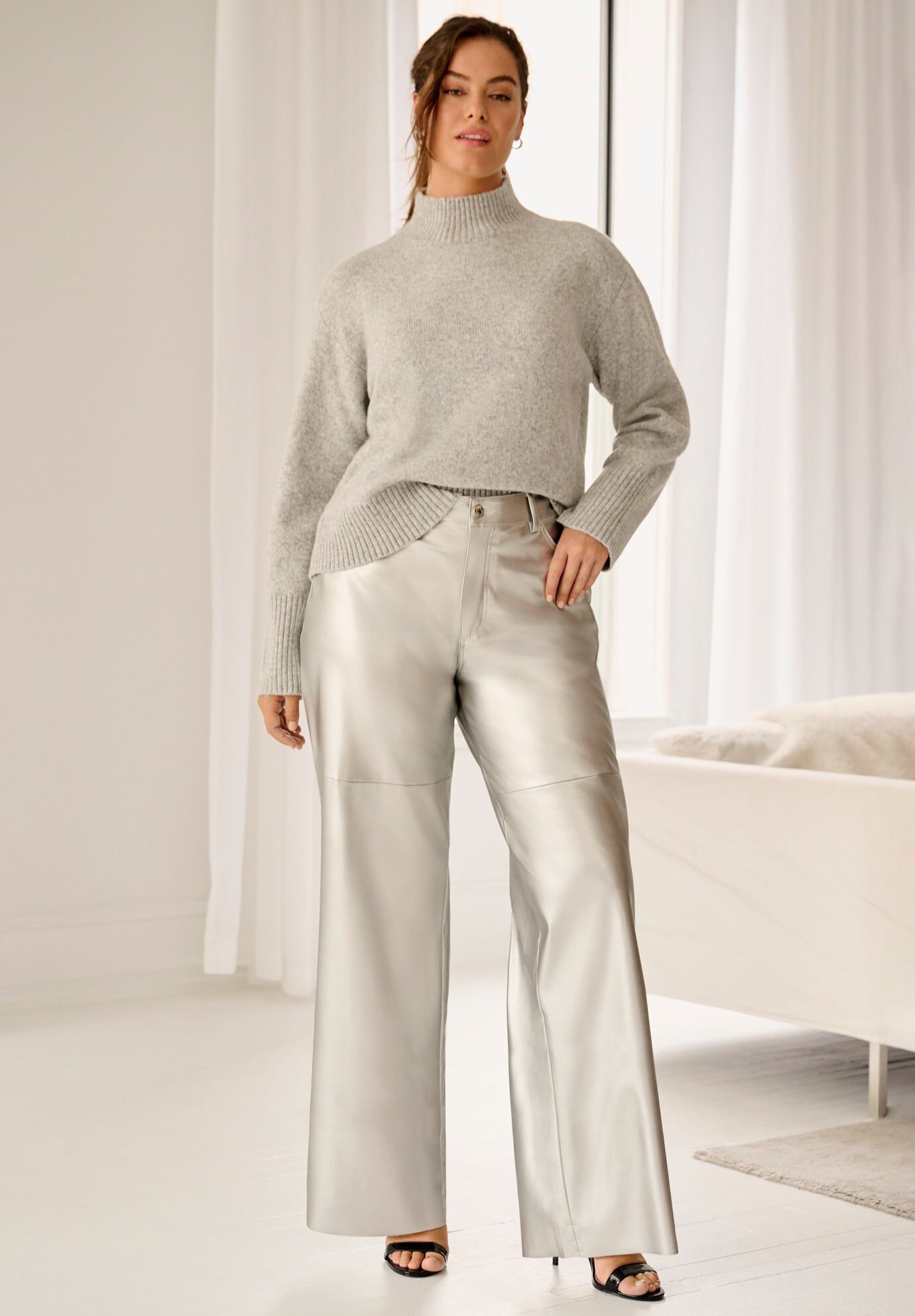 5 Pocket Faux Leather Wide Leg Pants, SILVER METALLIC, hi-res image number 0