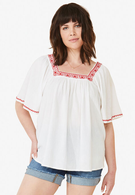 Embroidered Gauze Blouse, WHITE, hi-res image number null