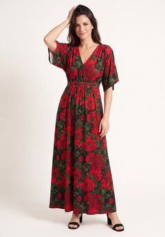 Stretch Knit Fit And Flare Elbow-Length Sleeve Tie-Back Maxi Dress
