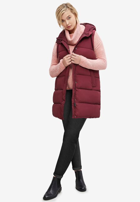Long Hooded Puffer Vest, DEEP MERLOT, hi-res image number null