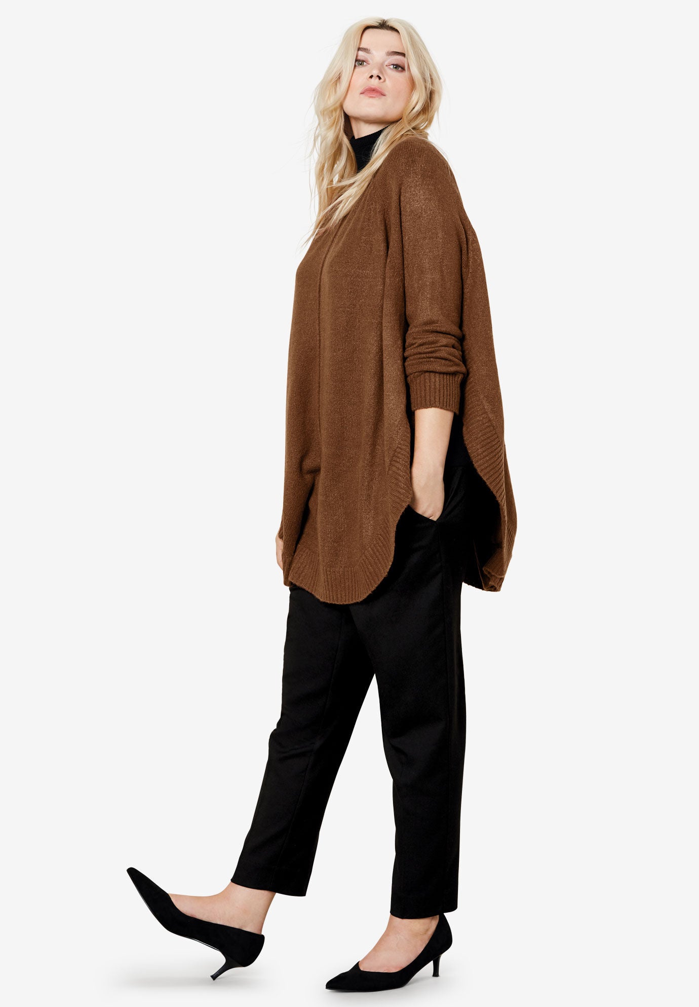 Charcoal Round Neck Poncho Sweater with Pockets main image 1