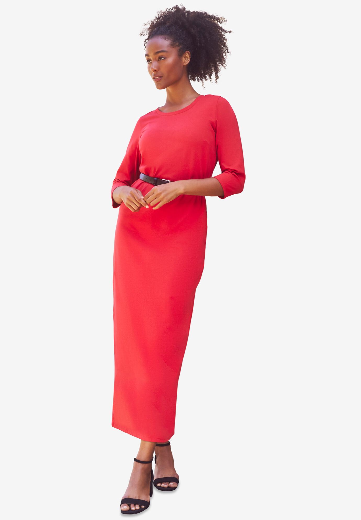 3 4 Sleeve Knit Maxi Dress Perfect Casual Deep Wine Woman Within