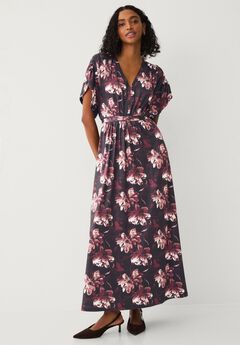 Stretch Knit Fit And Flare Elbow-Length Sleeve Tie-Back Maxi Dress