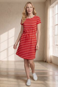 Cotton Jersey Knit Cinched-Waist Drawstring Midi Dress