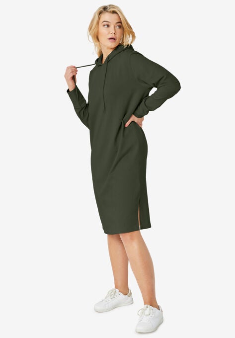 Hooded Sweatshirt Dress, DEEP OLIVE, hi-res image number null