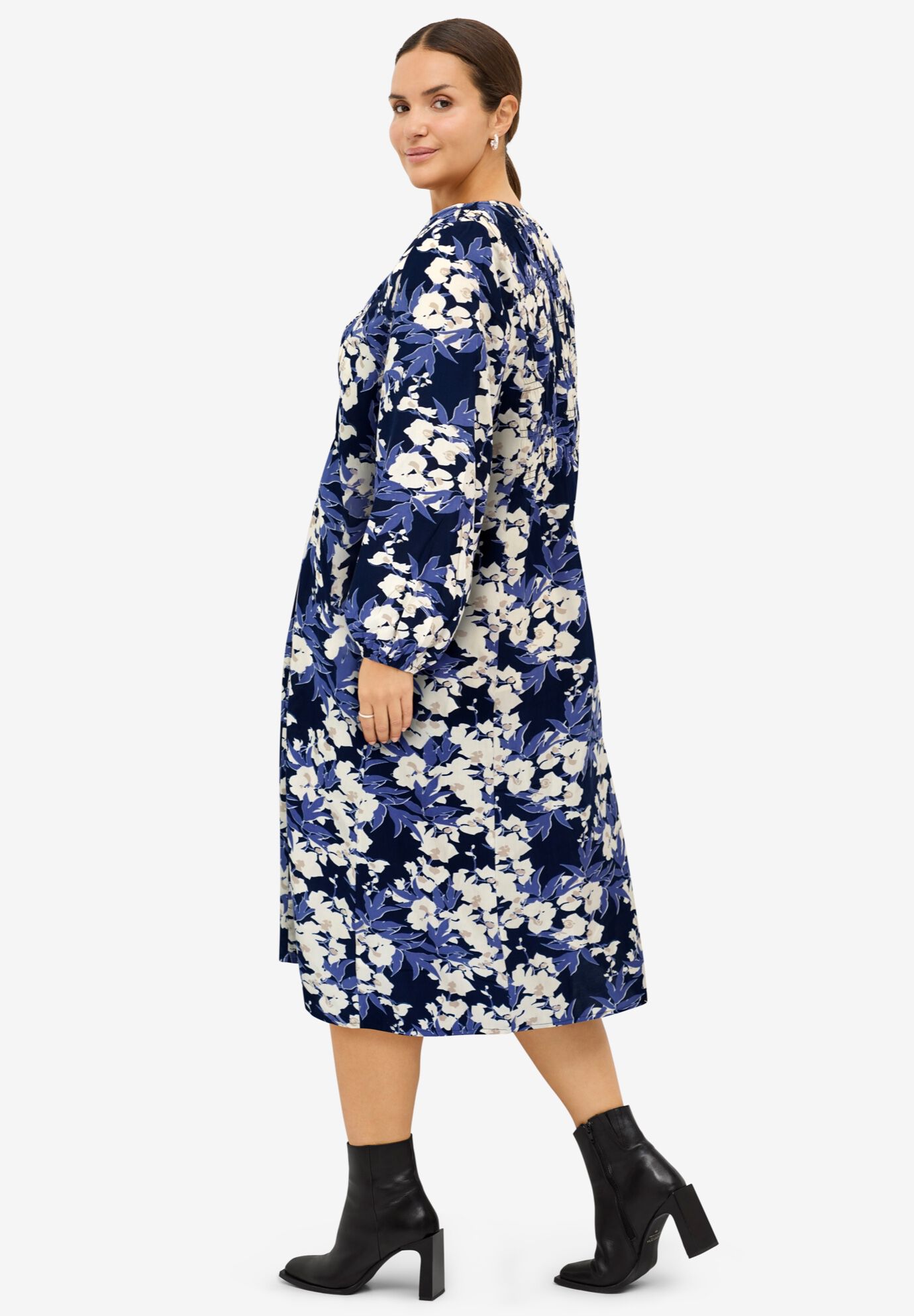 Smocked Bodice V-Neck Midi Dress, NAVY IVORY FLORAL, alternate image number 1