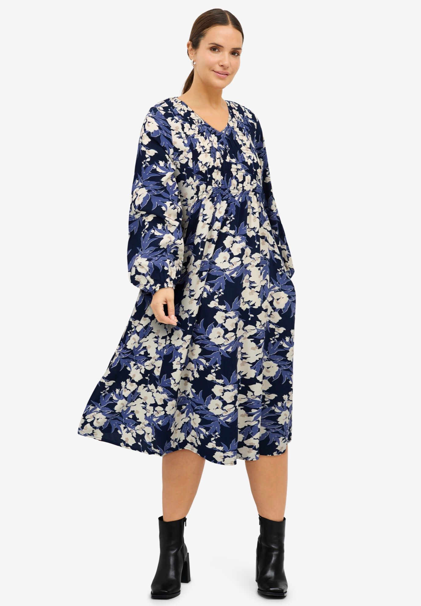 Smocked Bodice V-Neck Midi Dress, NAVY IVORY FLORAL, hi-res image number 0