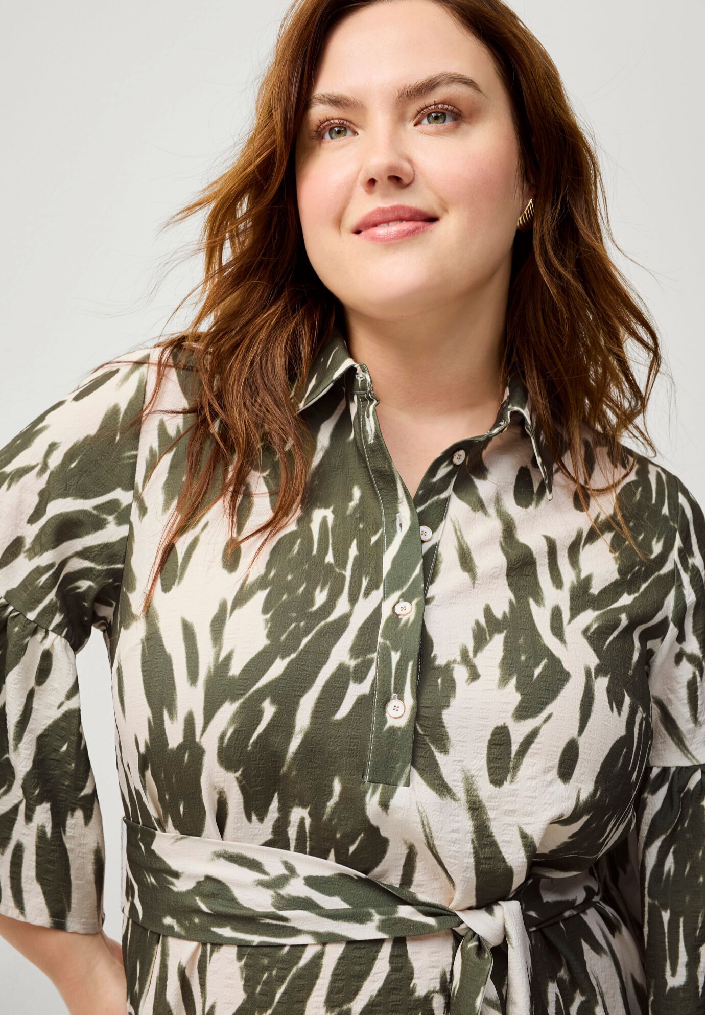 Button Bodice Flounce Tie Waist Dress, IVORY OLIVE PRINT, alternate image number 2