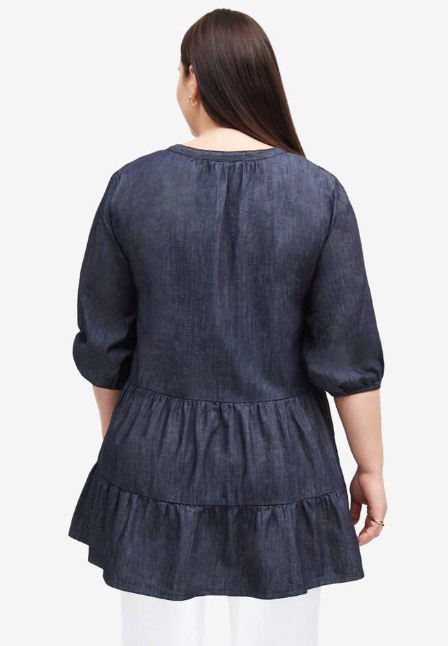 Tiered Denim Tunic With Keyhole Neckline, , on-hover image number null