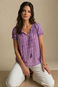 A-Line Scoop Neck Ruffle Trim 100% Cotton Cambric Peasant Blouse
