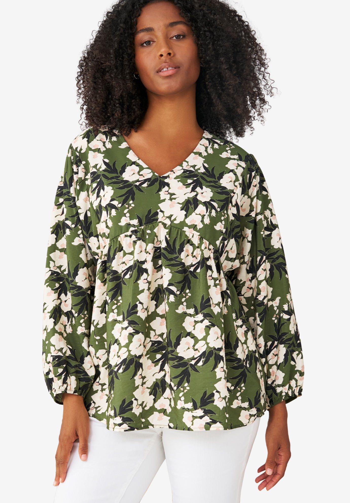 V-Neck Tunic with Diagonal Empire Seam, BURNT OLIVE FLORAL, hi-res image number 0