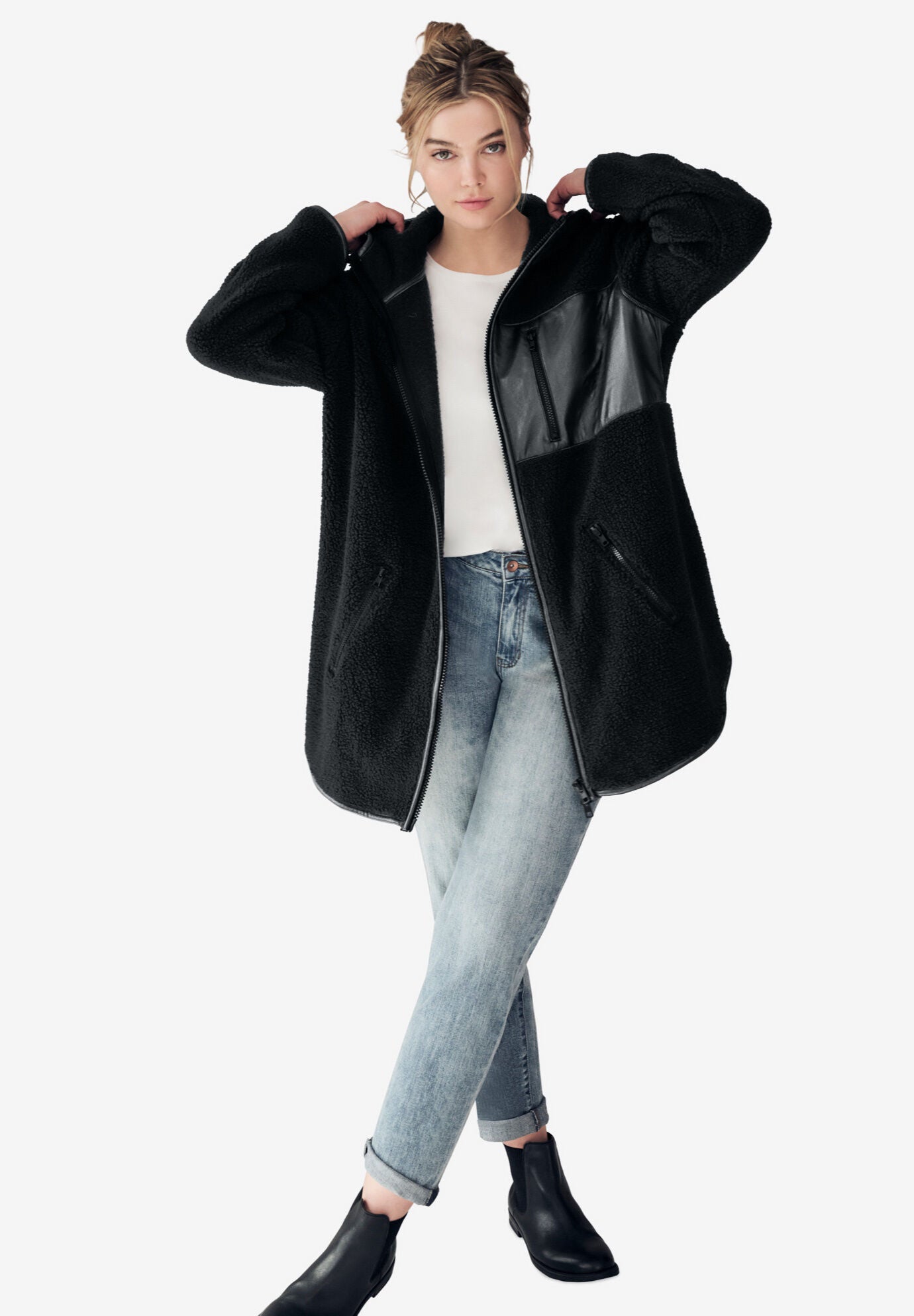 Zip Front Hooded Sherpa Jacket Woman Within