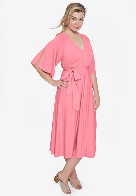 Knit Midi Dress With Surplice Neckline & Waist Tie, LIGHT STRAWBERRY, hi-res image number null