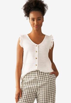 Button-Front Ruffle Sleeve Tank