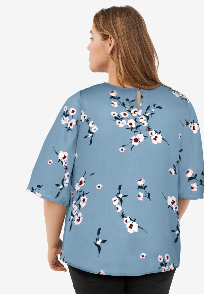 Wide Sleeve Blouse Relaxed Fit, Blue Lake Floral Woman Within