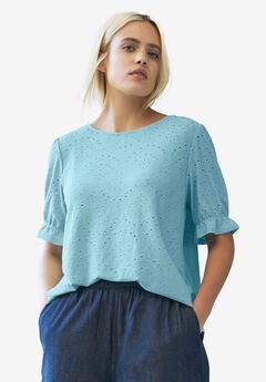 Short Puff Sleeve Eyelet Tee