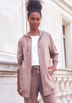 French Terry Long Sleeve Zip-Front Tunic Hoodie