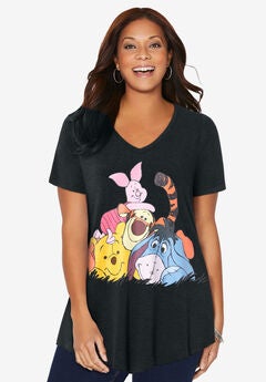 Disney Charcoal Heather Pooh Friends V-Neck Point Hem Tee