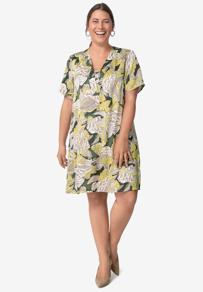 Linen Blend V-Neck Shift Dress, OLIVE YELLOW FLORAL, hi-res image number 0