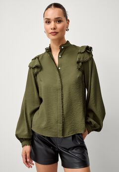 Ruffle Shoulder Blouse with Flat Pom Pom Trim