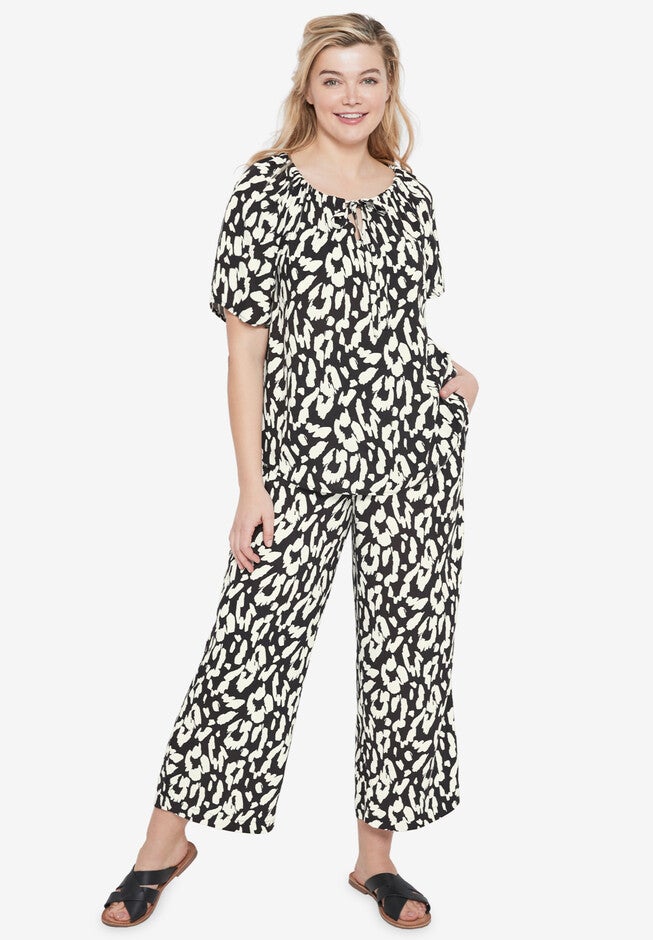 Cropped Soft Pants, BLACK IVORY PRINT, hi-res image number null