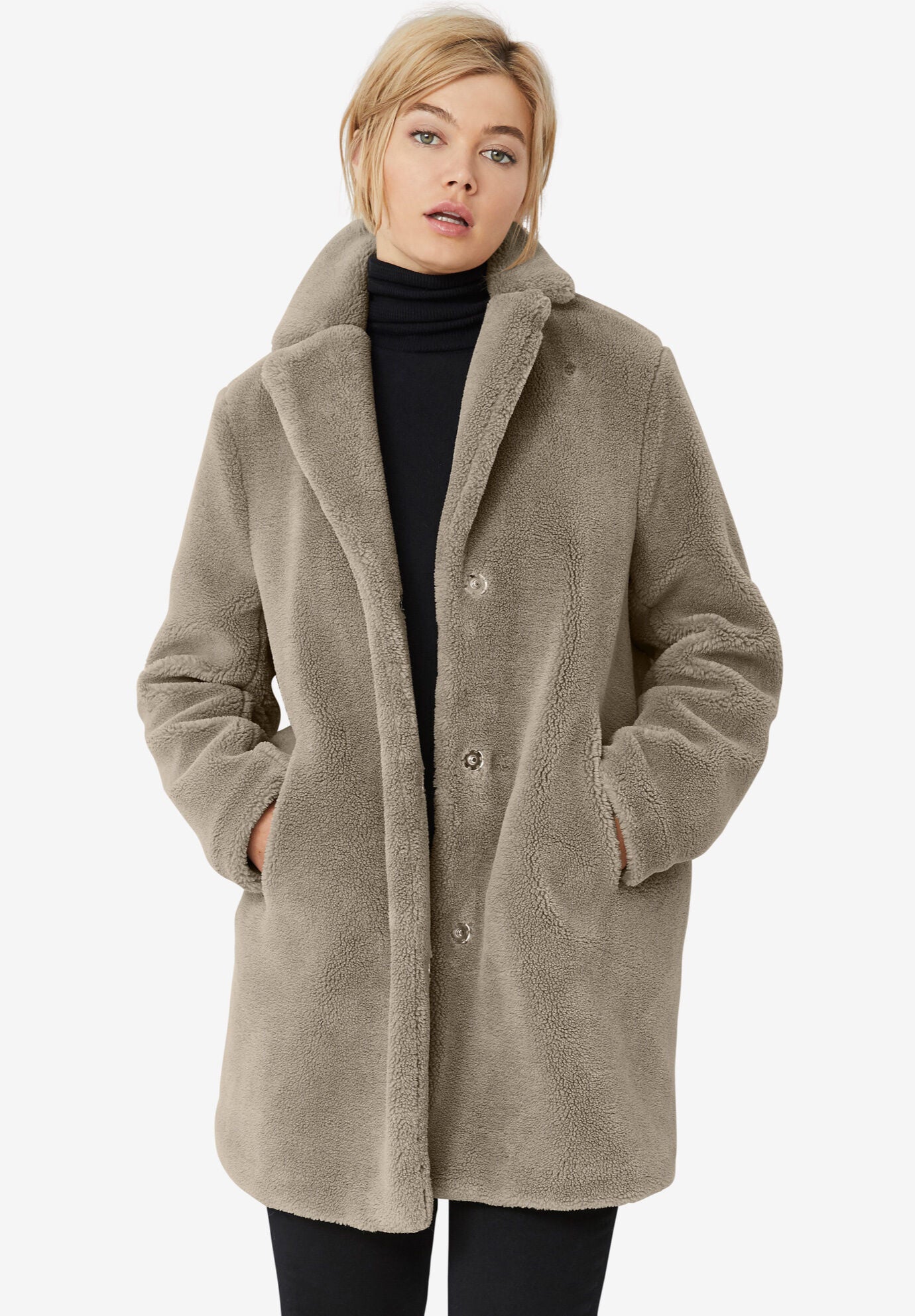 Woman within faux fur coat deals