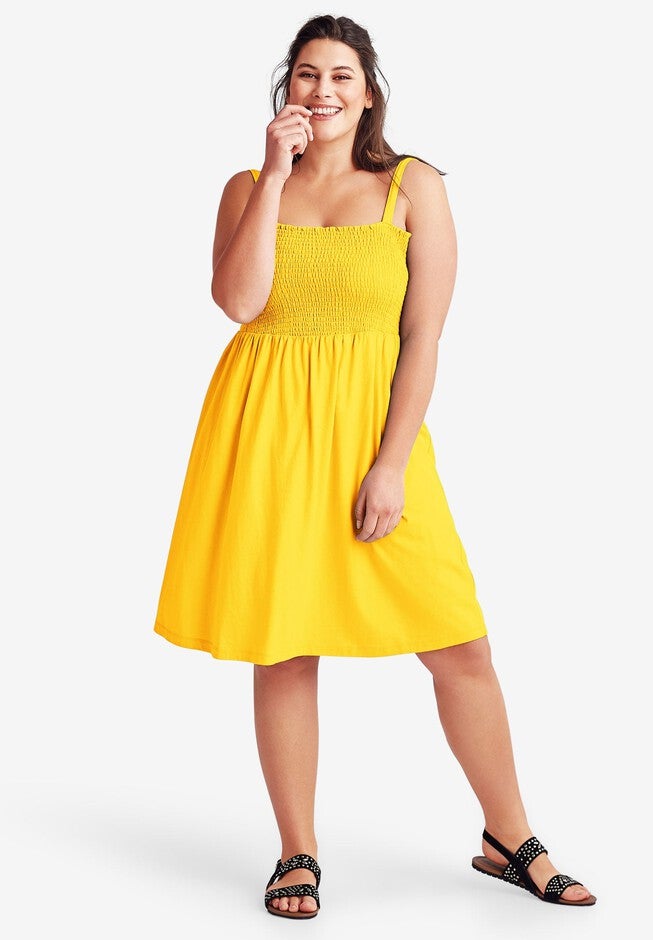 Smocked Bodice Tank Dress - Mid-Knee Length, Pepper Yellow | Woman Within Smocked Bodice Tank Dress - Mid-Knee Length, Pepper Yellow | Woman Within
