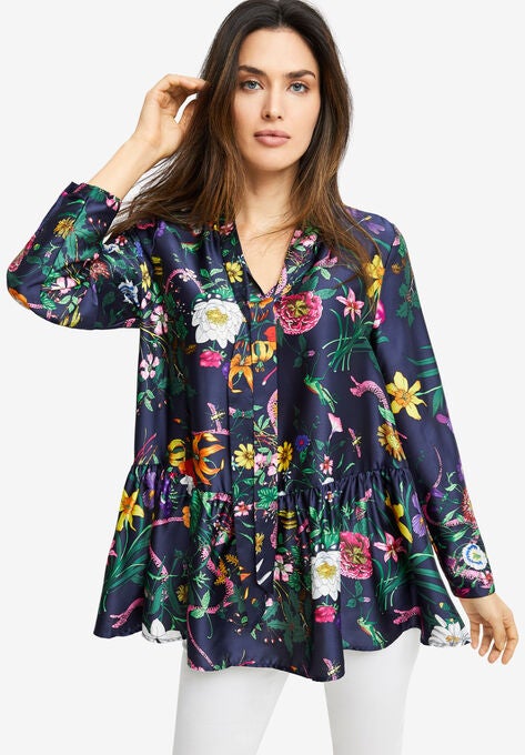 Tie-Neck Peplum Tunic, NAVY MULTI FLORAL, hi-res image number null