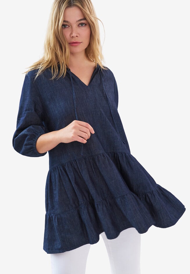 Tiered Denim Tunic With Keyhole Neckline, DARK WASH, hi-res image number null