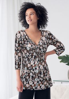 Stretch Knit V-neck 3/4 Sleeve Knot Front Tunic