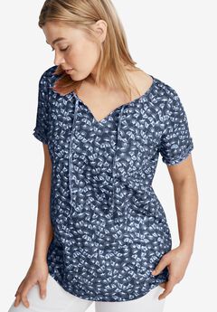 100% Cotton Slub Self-Tie Keyhole Neckline Short Sleeve Tee