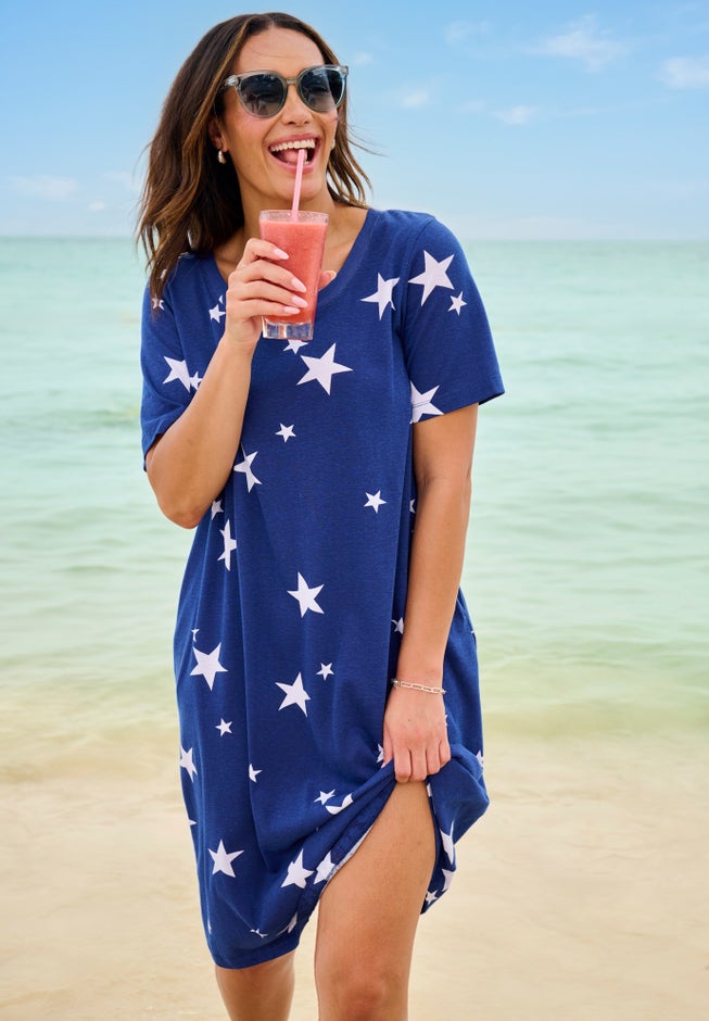 Perfect Short-Sleeve Crewneck Tee Dress, Evening Blue Stars | Woman Within Perfect Short-Sleeve Crewneck Tee Dress, Evening Blue Stars | Woman Within