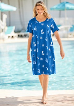woman within plus size dresses Women's Button-Front Elbow-Sleeve Knit Dress by in Deep Teal Graphic Bloom (Size 5X) Tiered flowing dress with scoopneck and short sleeves Womens Plus Size Casual Dresses