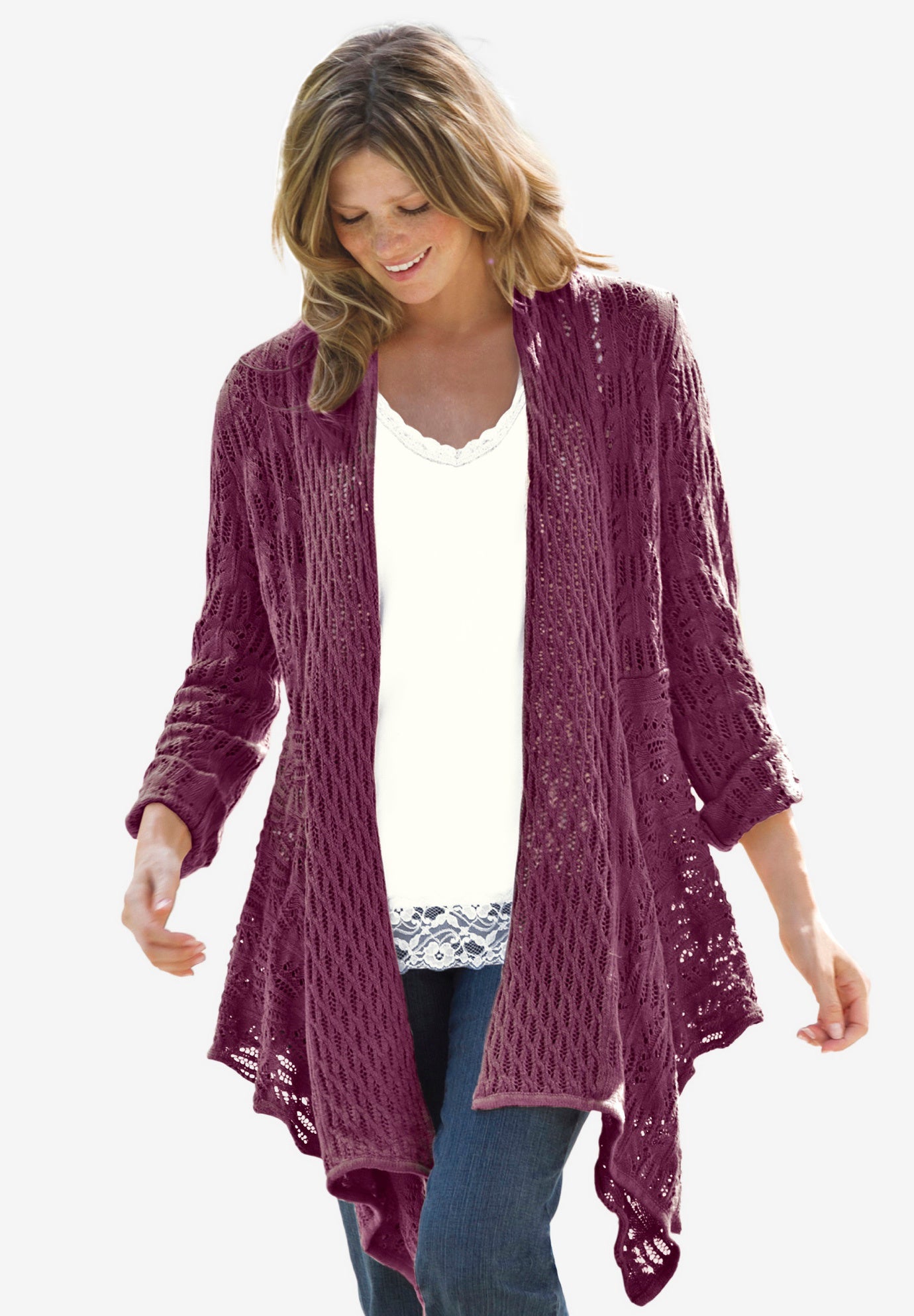 Open Front Pointelle Cardigan Sweater image number 0
