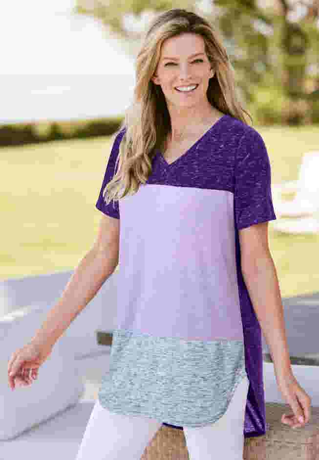 Marled V-Neck Tunic with Side Hem Slits, Colorblock Dark Radiant Purple ...