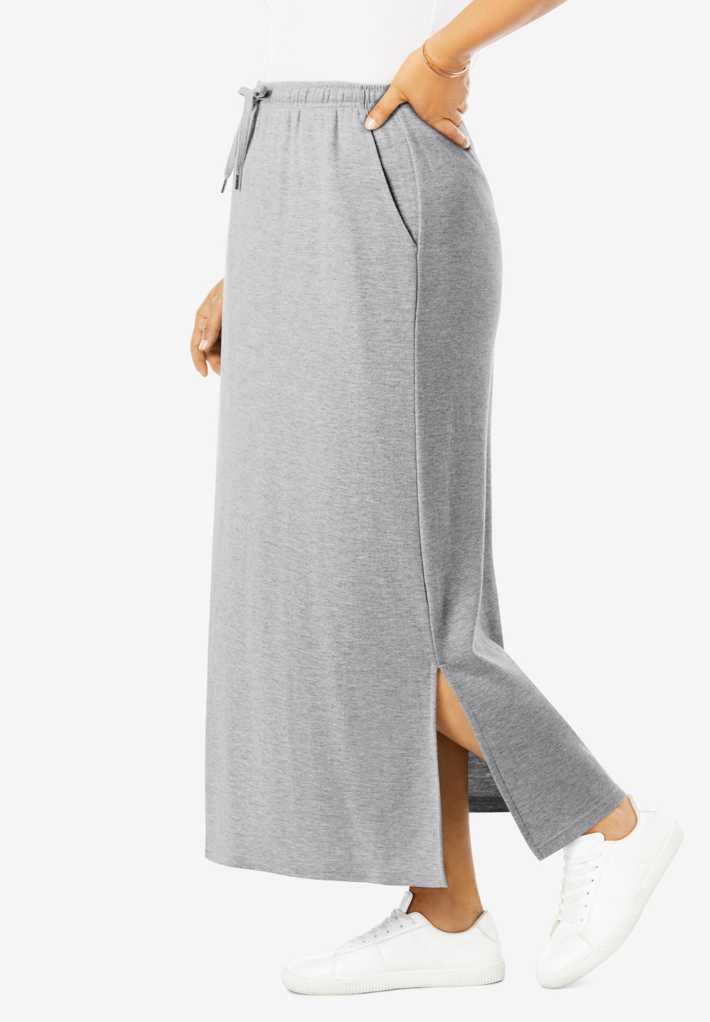 Maxi Sport Knit Side-Slit Skirt for Plus Size, Heather Grey