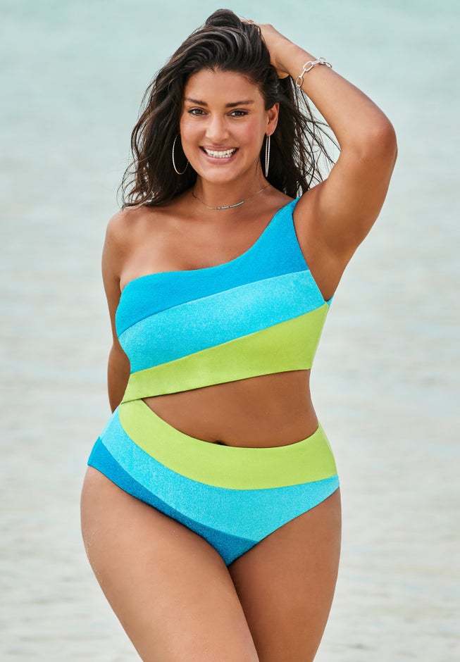 One Shoulder Color Block Cutout One Piece Swimsuit image number 0