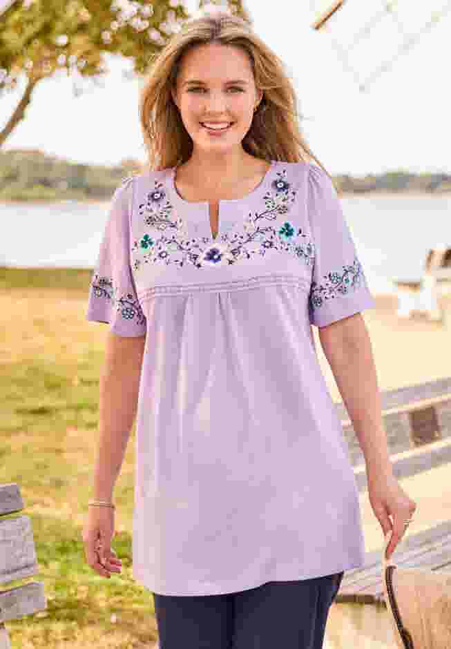 Embroidered Split-Neck Tunic for Women, Lilac Floral Embroidery | Woman ...