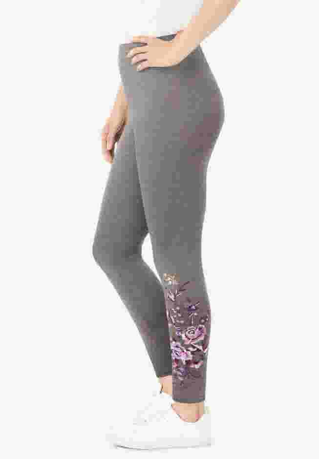 Women’s Plus-Size Stretch-Cotton Knit Pull-On Embroidered Leggings image number 3