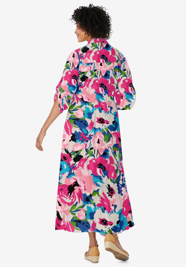 Roll-Tab Sleeve Crinkle Shirtdress image number 1