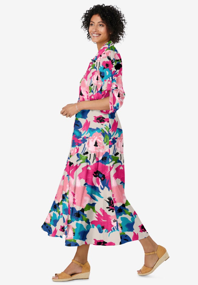 Roll-Tab Sleeve Crinkle Shirtdress image number 2