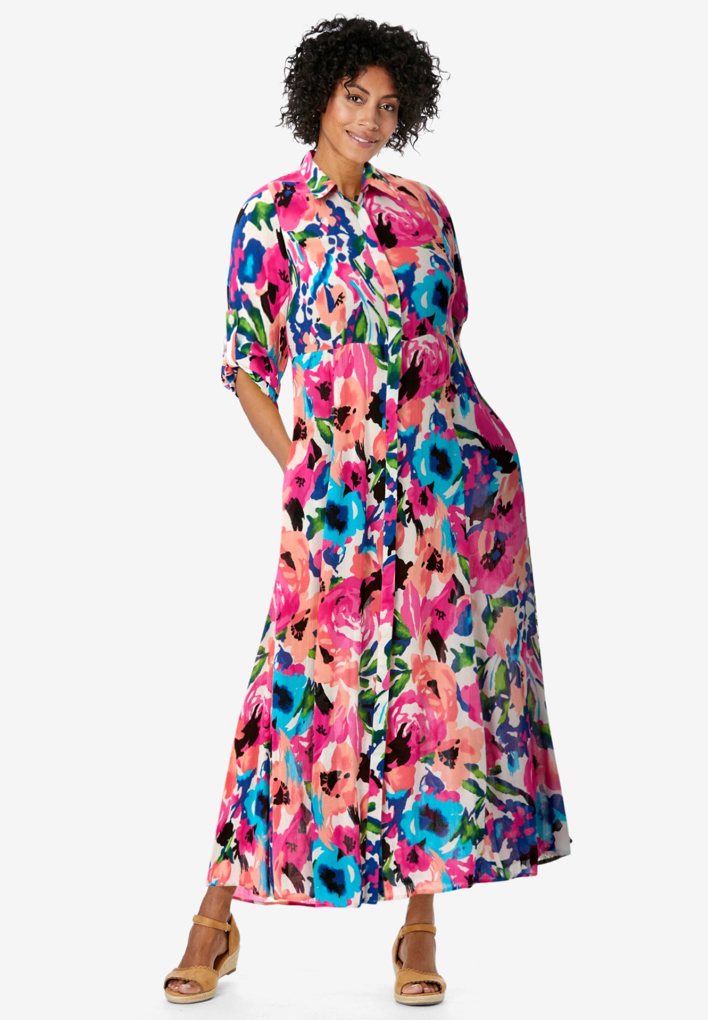 Roll-Tab Sleeve Crinkle Shirtdress image number 0