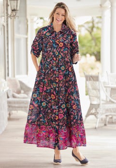 Roll-Tab Sleeve Crinkle Shirtdress