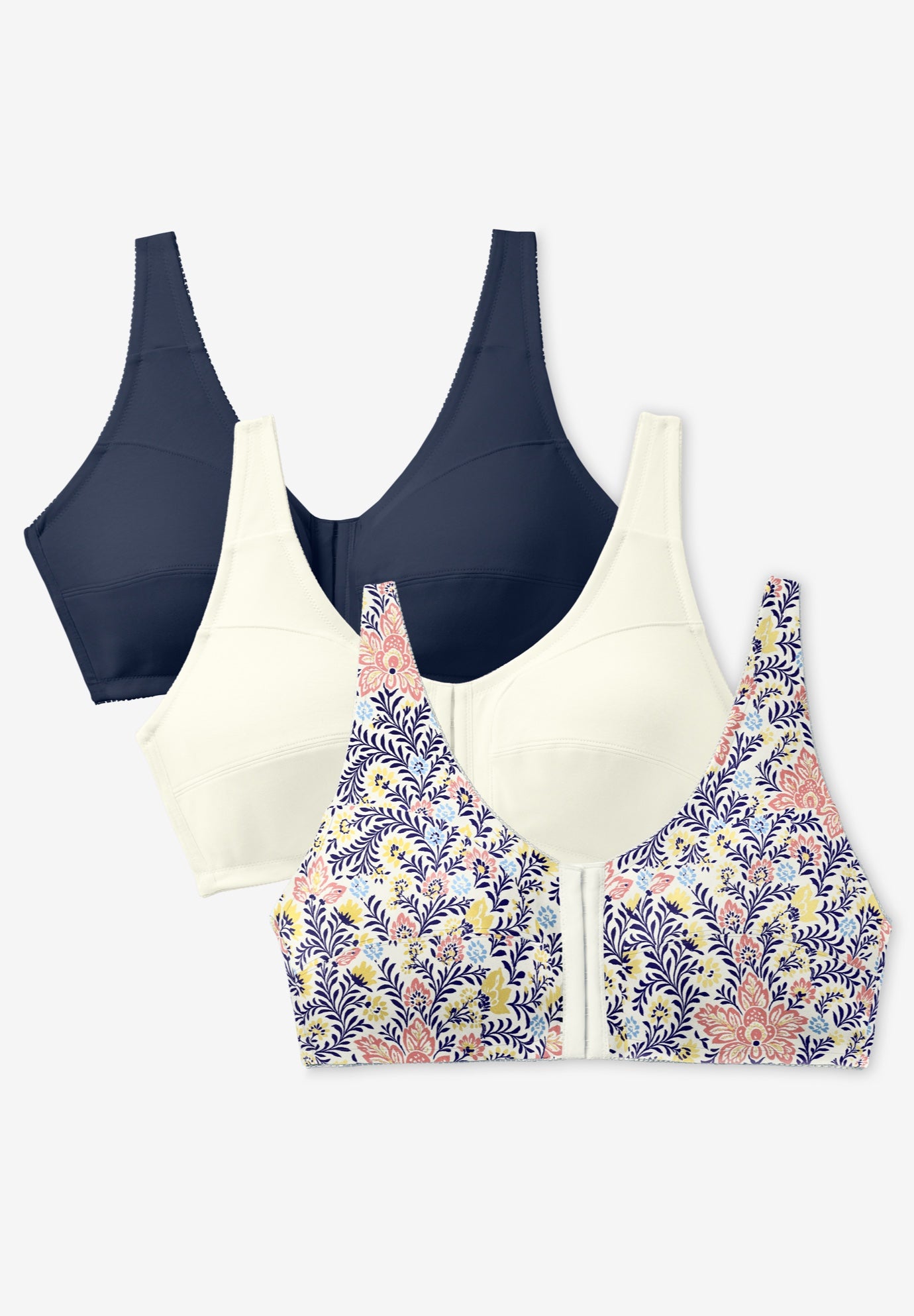 Comfort Choice&reg; 3-Pack Front-Close Cotton Wireless Bra image number 0