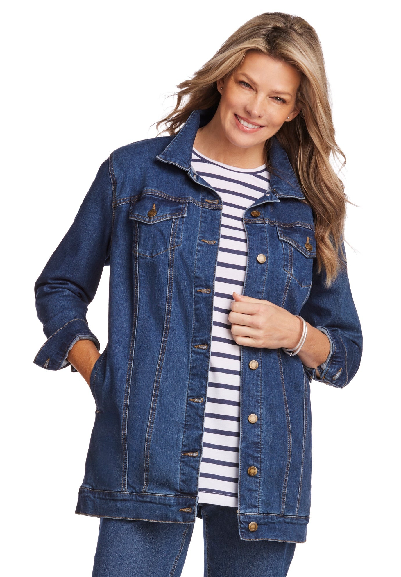 Long Stretch Denim Jean Jacket image number 0