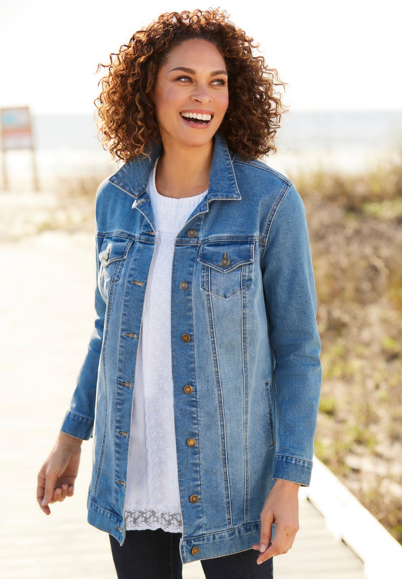 ShomPort Women's Oversized Mid Long Stretch Denim Jacket