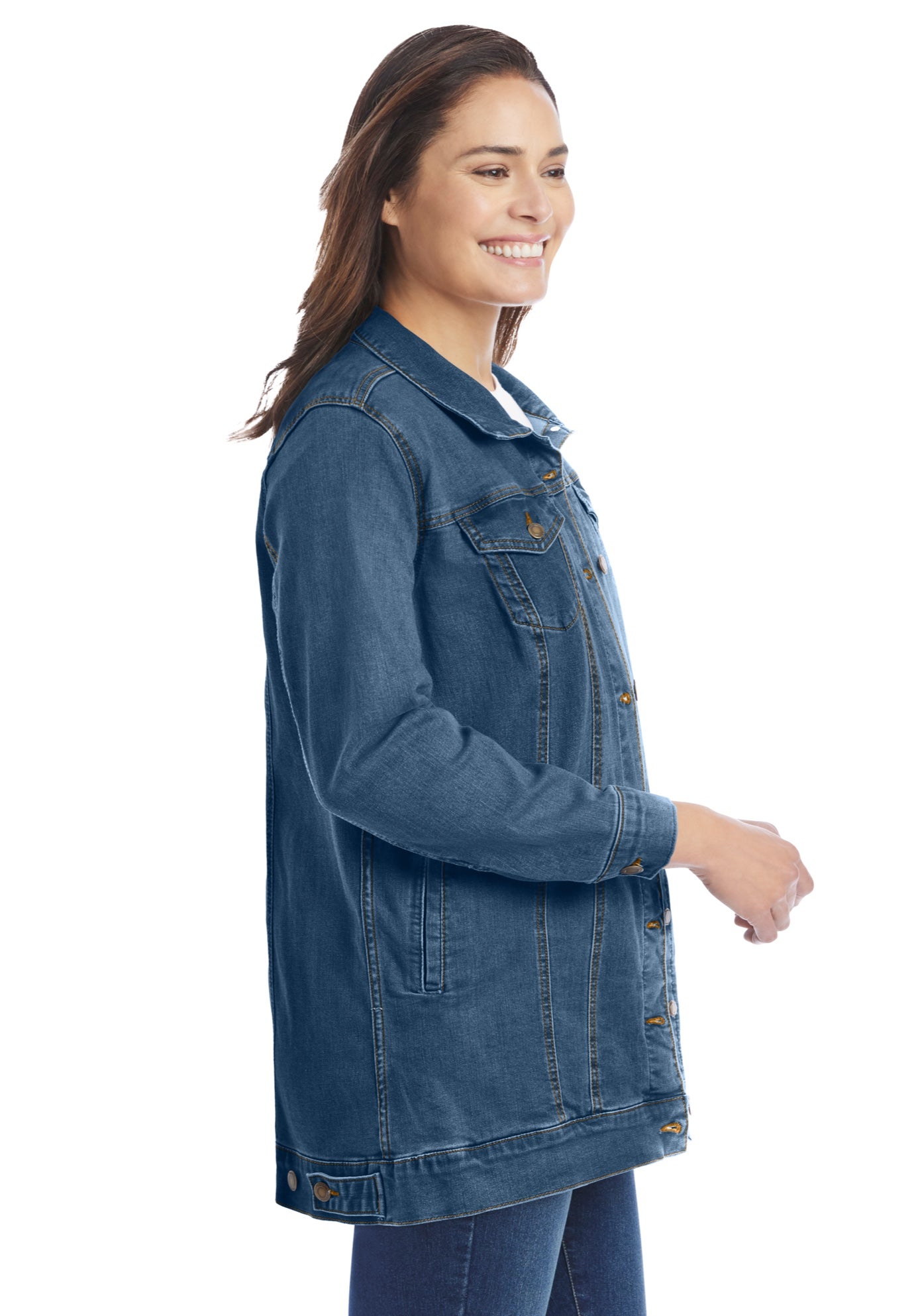 Long Stretch Denim Jacket with Side Adjusters, Medium